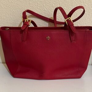 Tory Burch Red Leather Shoulder Tote with Gold Logo